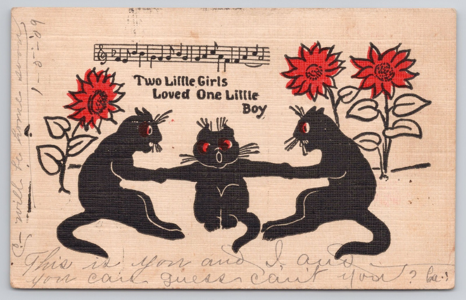 Antique 1909 Black Cats Sunflowers Comic Music Postcard Series 100 Comics