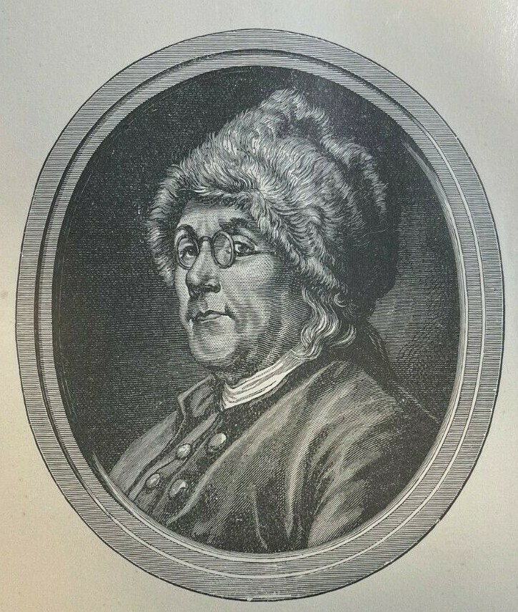 1898 Vintage Illustration Benjamin Franklin Wearing Fur Cap
