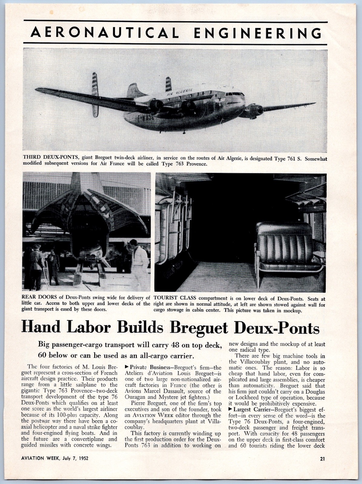 1952 Aviation Article - Breguet Deux Ponts Passenger Cargo Transport French