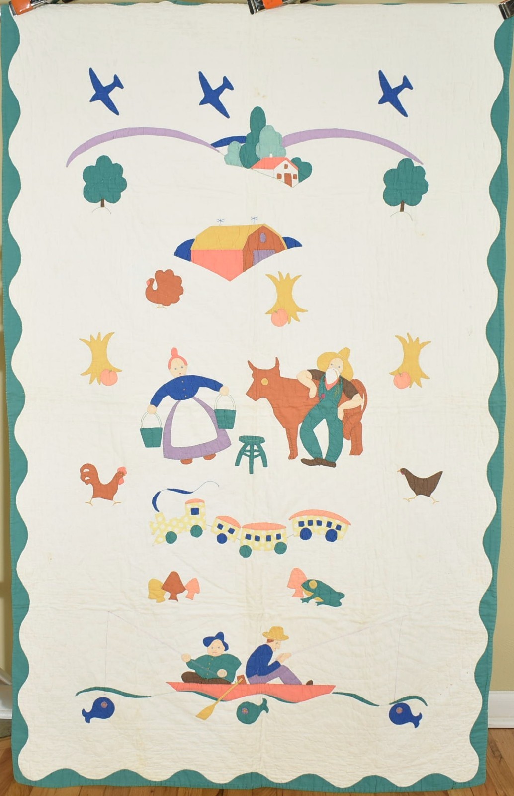 UNUSUAL Vintage 40's Pictorial Applique Crib Quilt ~Farm & Fishing Scenes