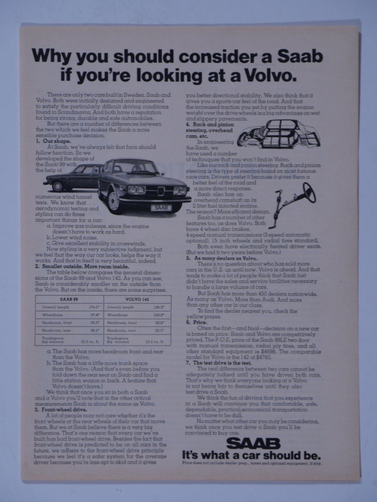 1975 Saab 99 Volvo 142 What A Car Should Be Vintage Original B&W Print Ad