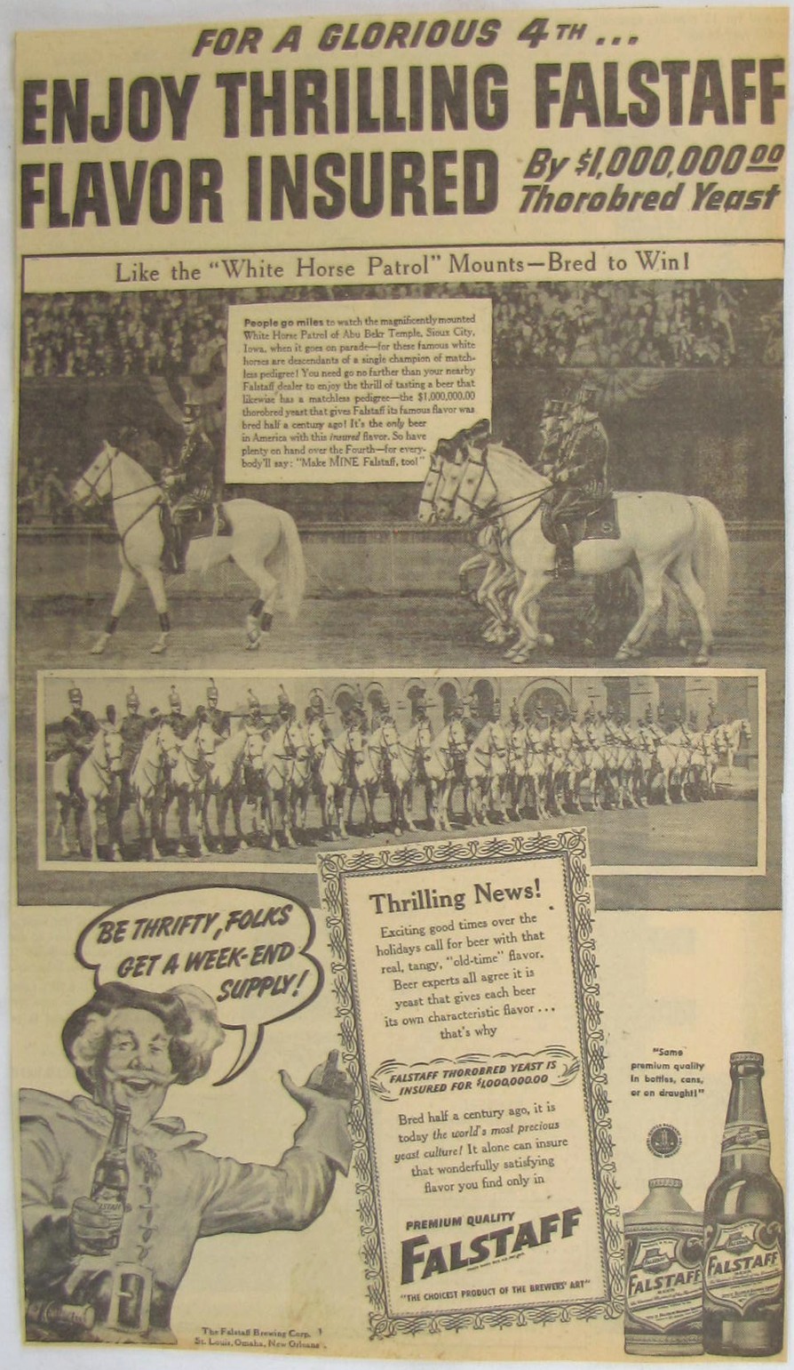 Vintage 1941 FALSTAFF Beer Cone Top Can / Bottle Newspaper Print Ad