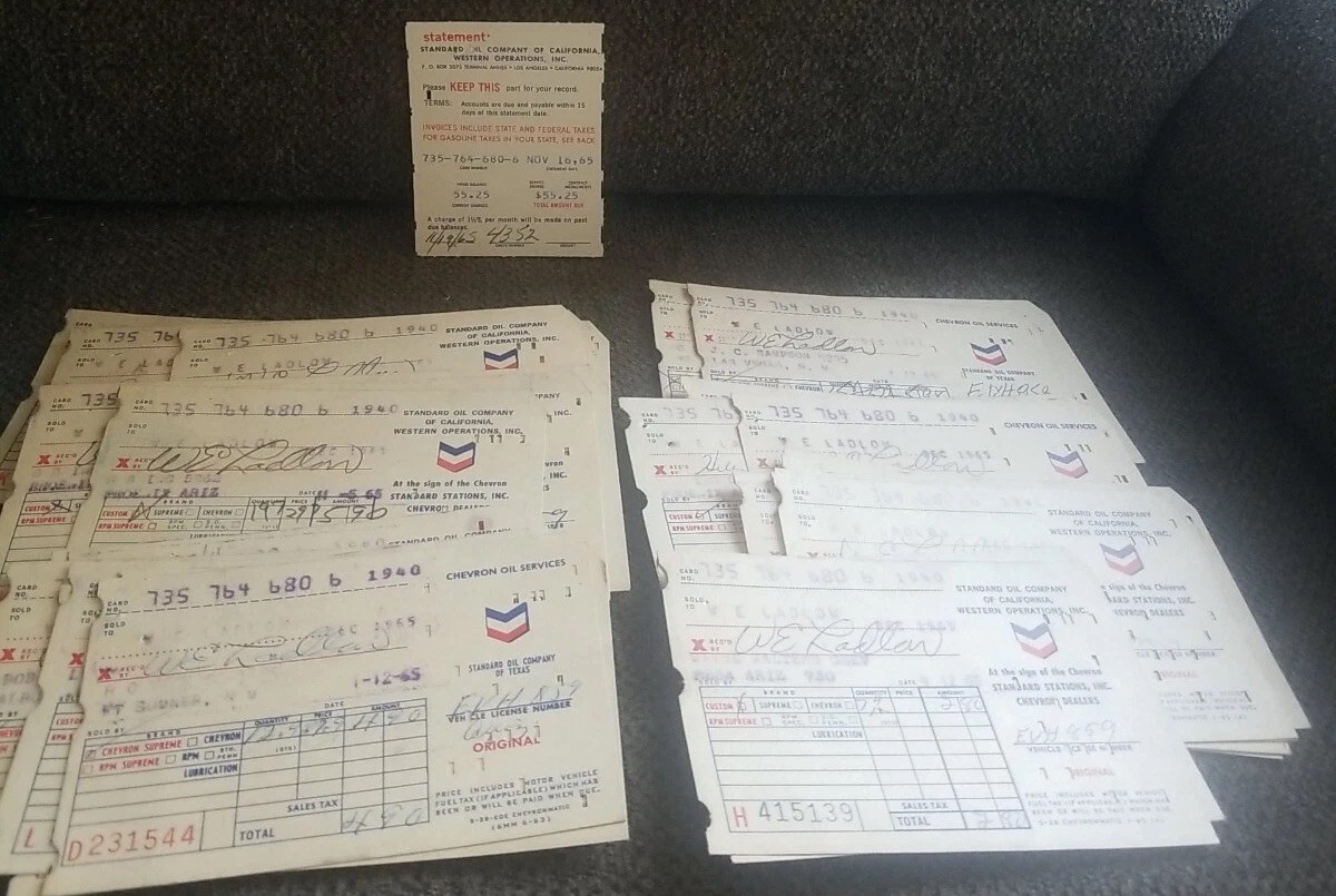 43 Vintage 1960s Chevron Standard Oil Gas Station Statement Paper Travel receipt