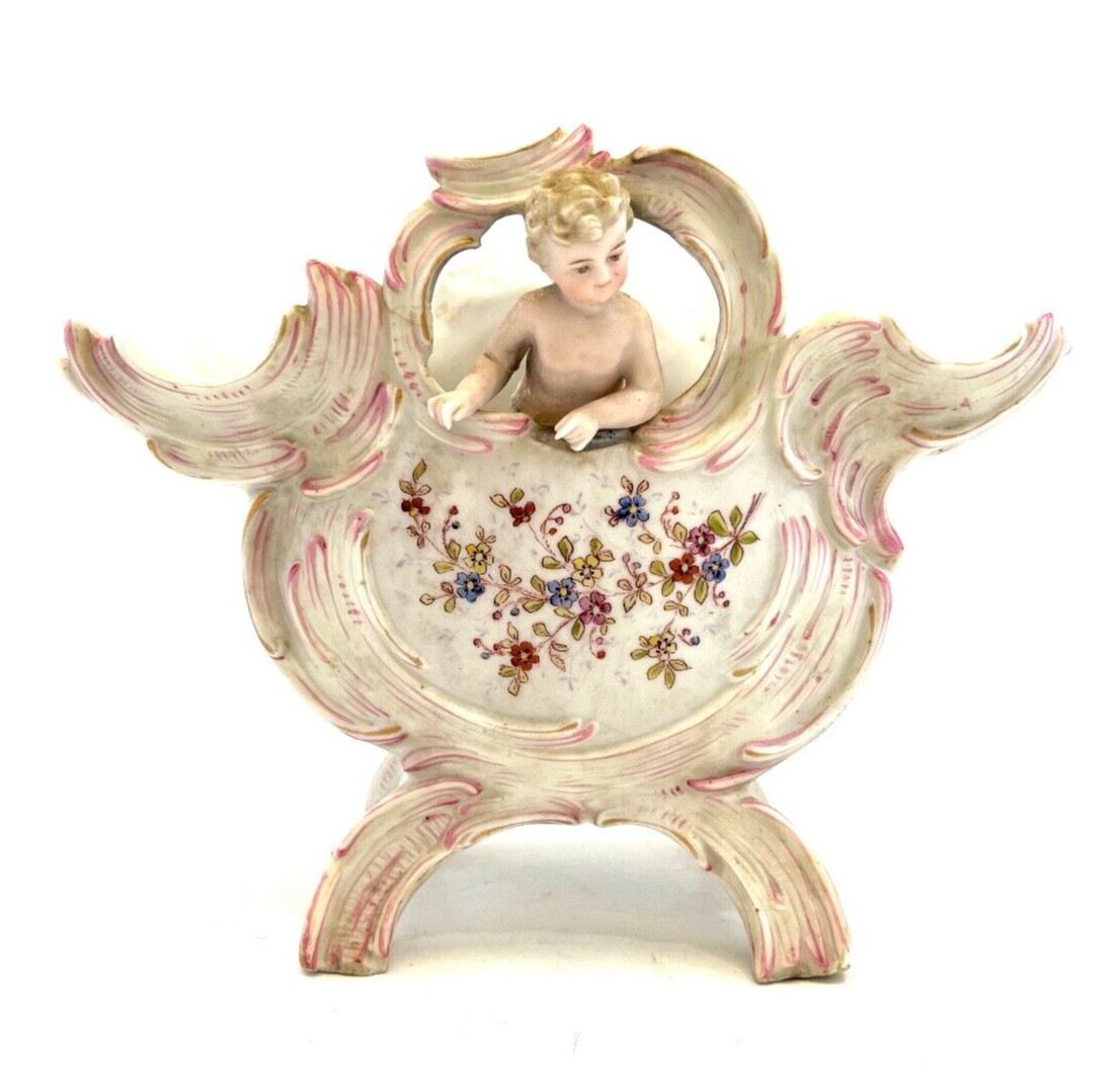 Antique German porcelain planter/trinket dish/vase decorated with putti