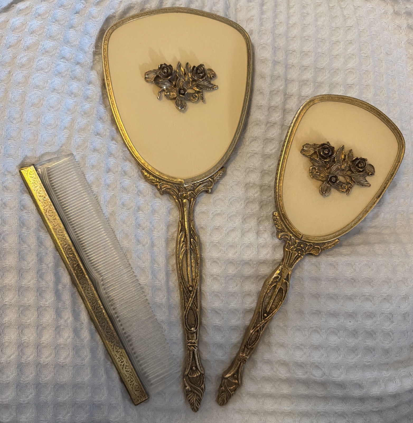 Vintage Gold Tone Vanity Set 3pc Rose Mirror Brush Comb Hollywood Regency