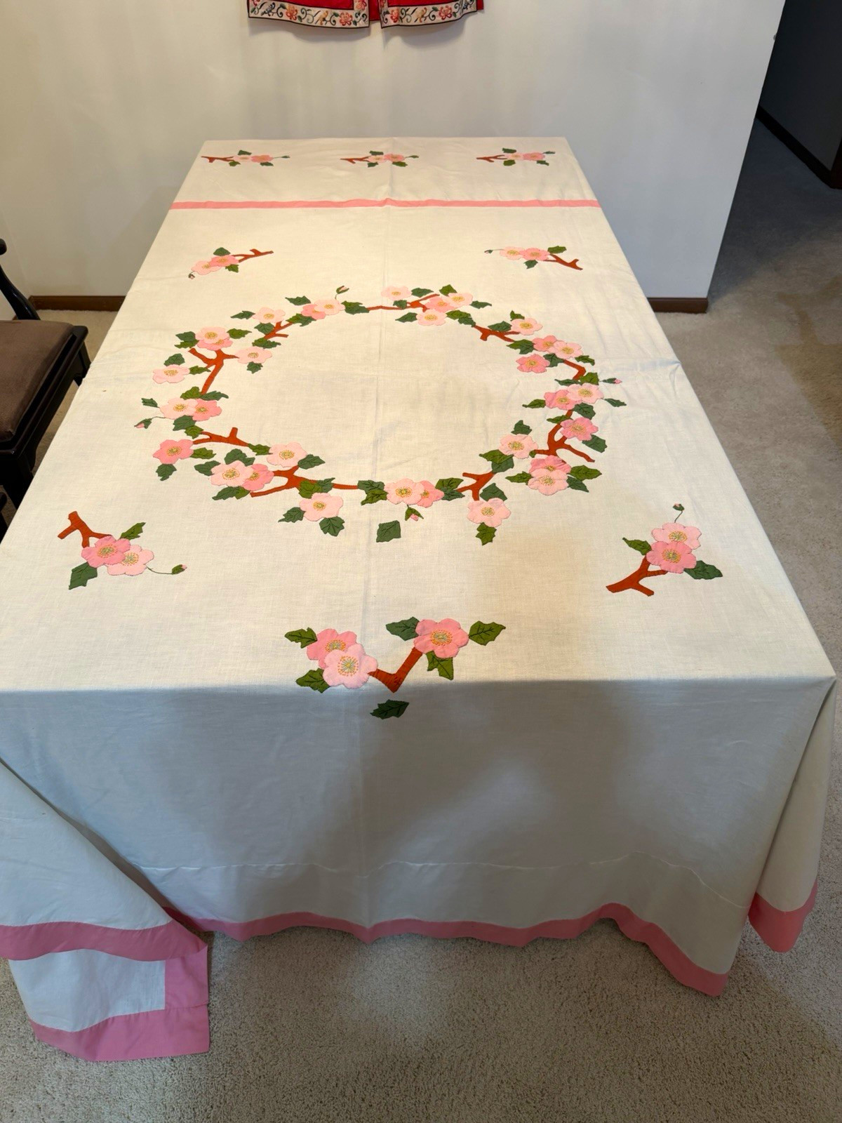 Vintage Hand Appliqué Bedcover Bedspread Coverlet Pink Green White