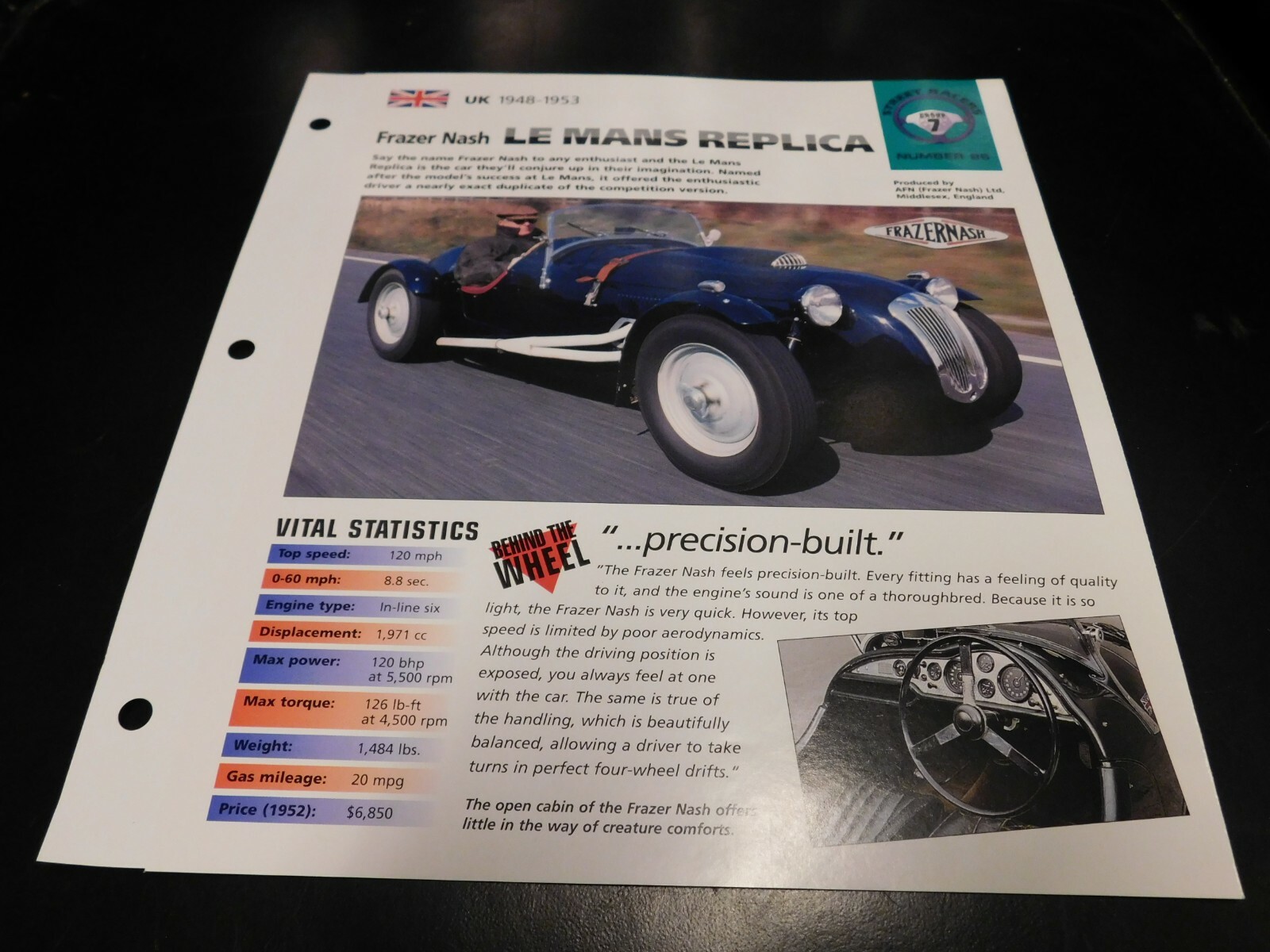 1948-1953 Frazer Nash Le Mans Replica Turbo Spec Sheet Brochure Photo Poster