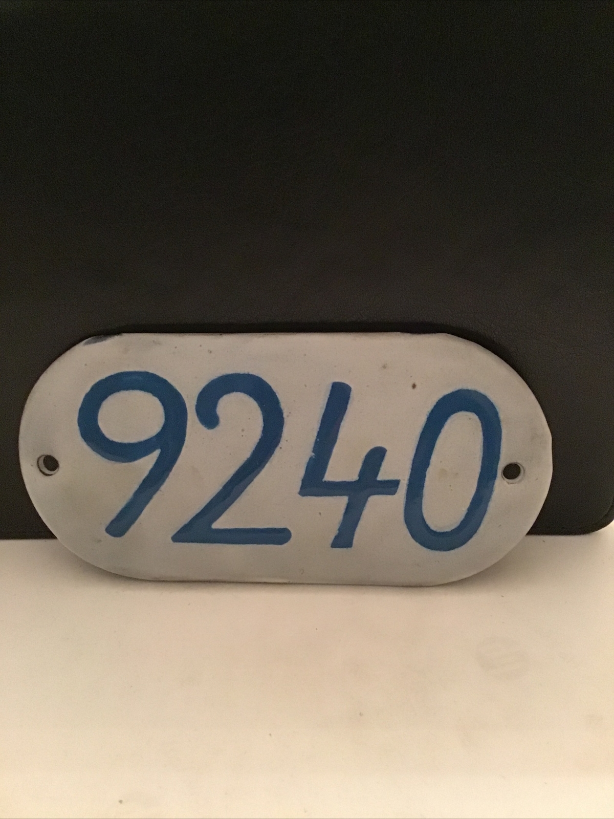 VIntage/Antique 5”x2.5” White Enamel Porcelain Blue Number Address Sign 9240