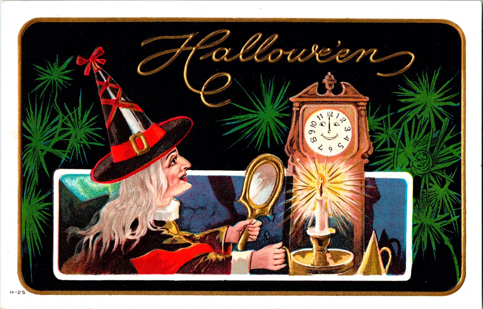 Vintage Nash Witch, Hat, Candle, Grandfather Clock Antique Halloween Postcard Vintage Nash Witch, Hat, Candle, Grandfather Clock Antique Halloween Postcard