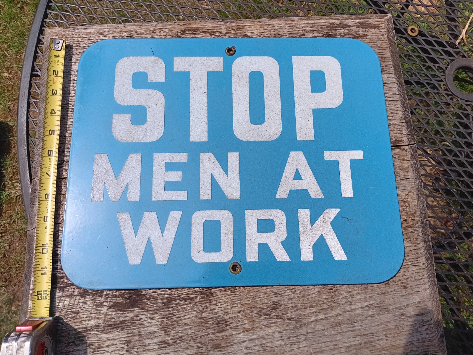 Vintage Railroad Stop Men At Work Sign Blue Reflective Letters