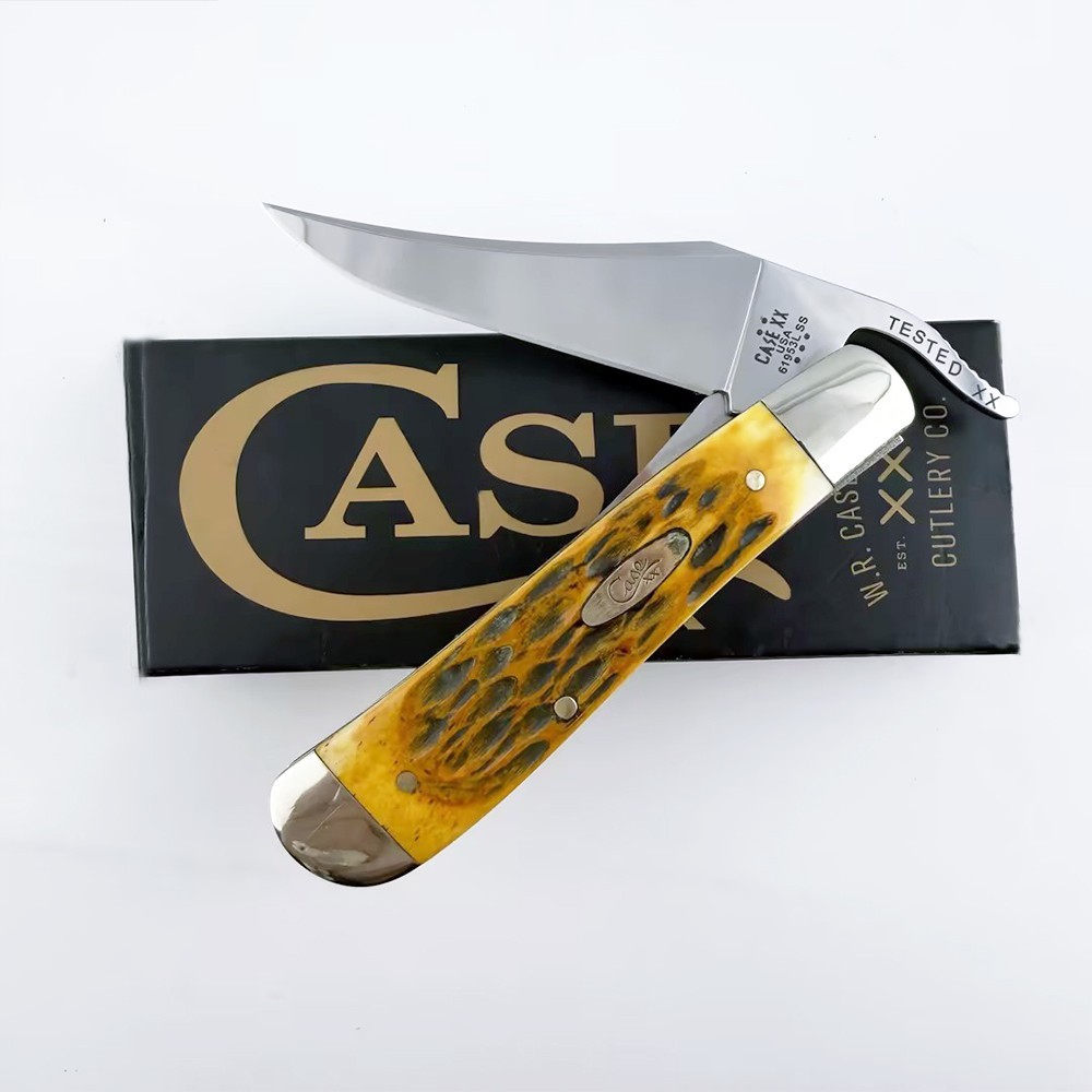 New Case xx Peach Seed Jig Amber Bone Russlock Stainless 00260 Pocket Knife
