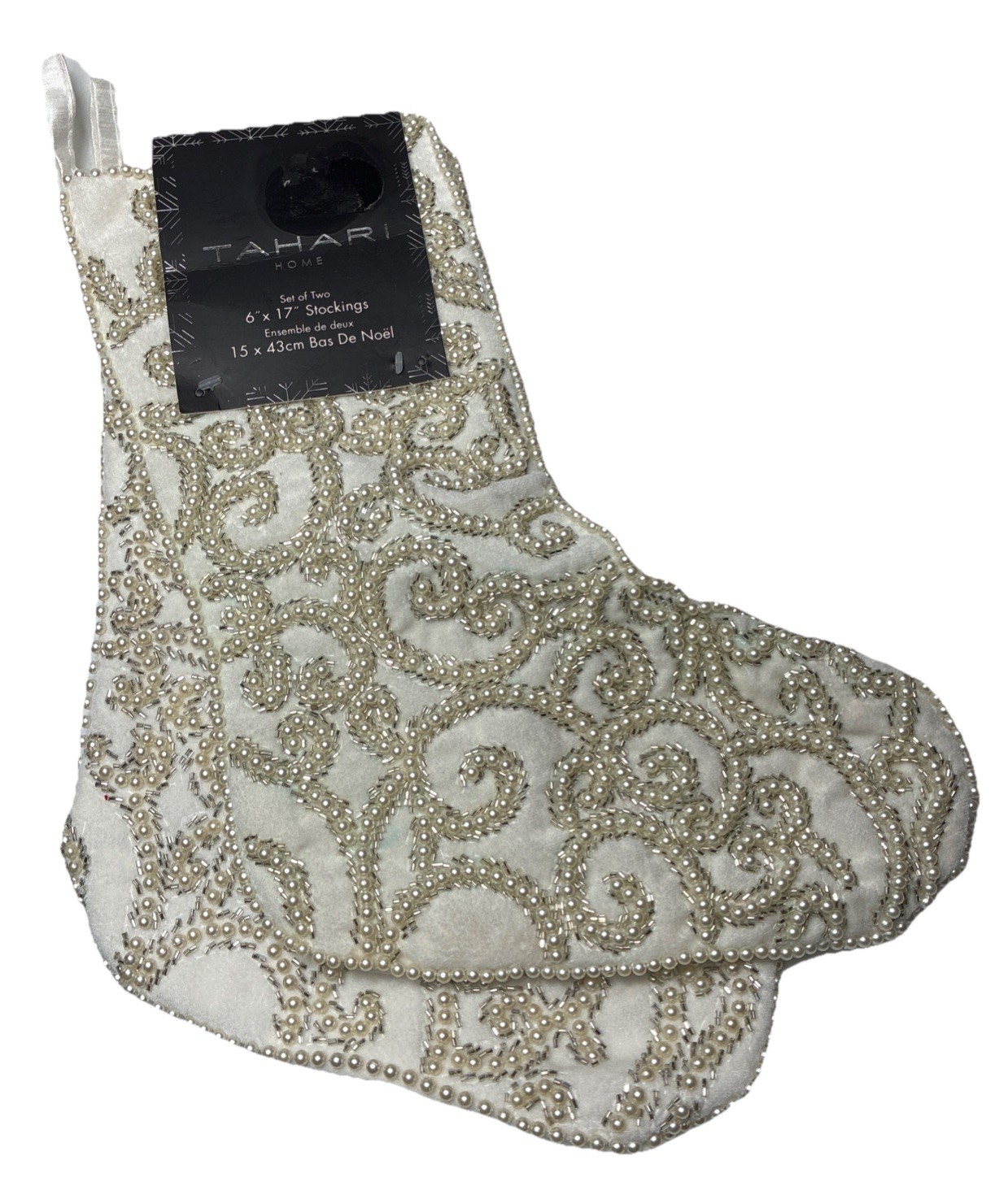 New Tahari (Set 2) Luxury Christmas Stockings Faux Pearl Silver Beaded Swirl New Tahari (Set 2) Luxury Christmas Stockings Faux Pearl Silver Beaded Swirl