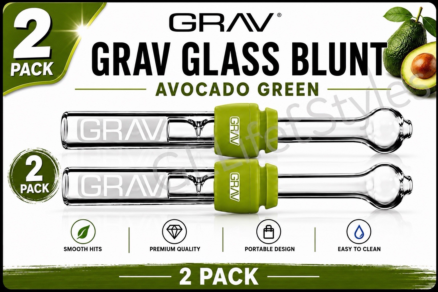 GRAV® 2-PACK of GLASS BLUNTS WITH SILICONE GROMMET, 4” EASY CLEAN DESIGN, GREEN