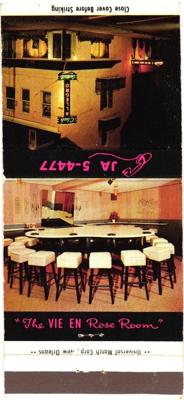 Club Allegro New Orleans LA Vintage Matchbook Cover 1950s The Vie En Rose Room