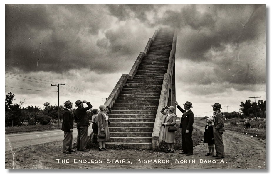 Vintage Style NEW ART  1930s RPPC-ENDLESS STAIRS-BISMARK NORTH DAKOTA-FAUX