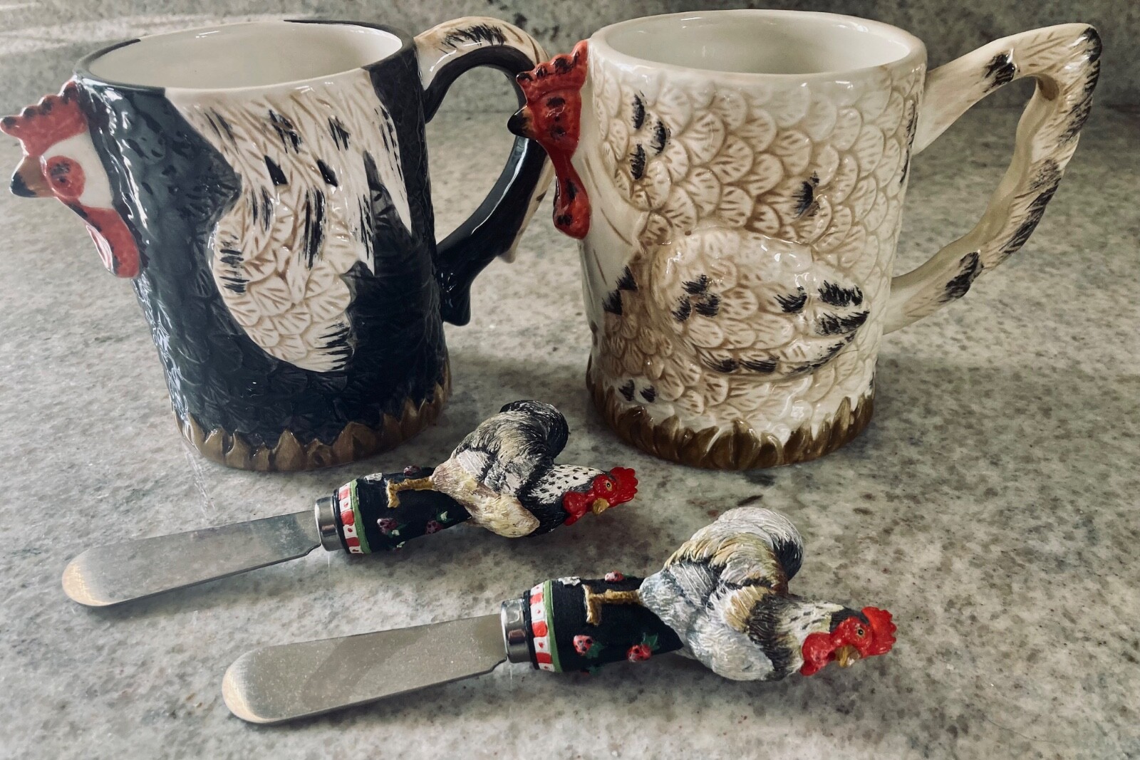 VTG Rooster Chicken Country Farmhouse Coffee Tea Cup Mug -2 Cups 2 Butter Knives