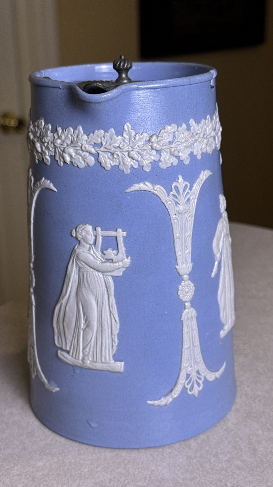 Antique Blue Jasperware Coffee Pot, James Dudson 1873 Marked B Toft\'s Syrup Lid
