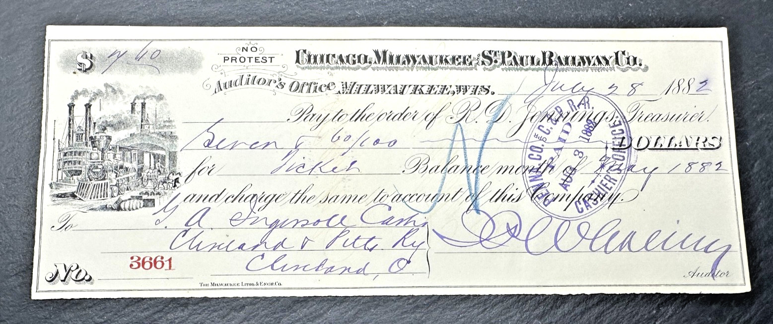 1882 CHICAGO MILWAUKEE ST PAUL RAILWAY CO CANCELLED CHECK WITH IMAGE FP347