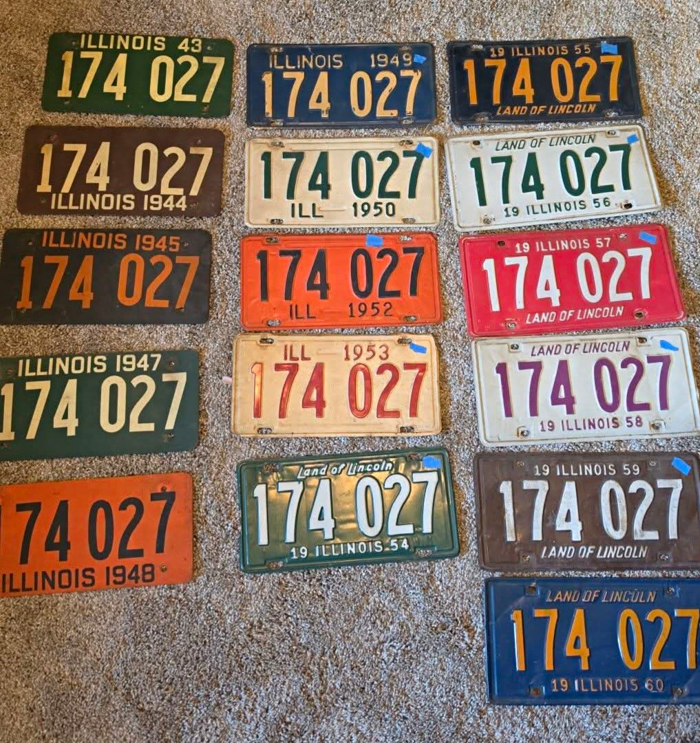 16pc Vintage Illinois License Plates Same Number 174027 1943-1960 Collection
