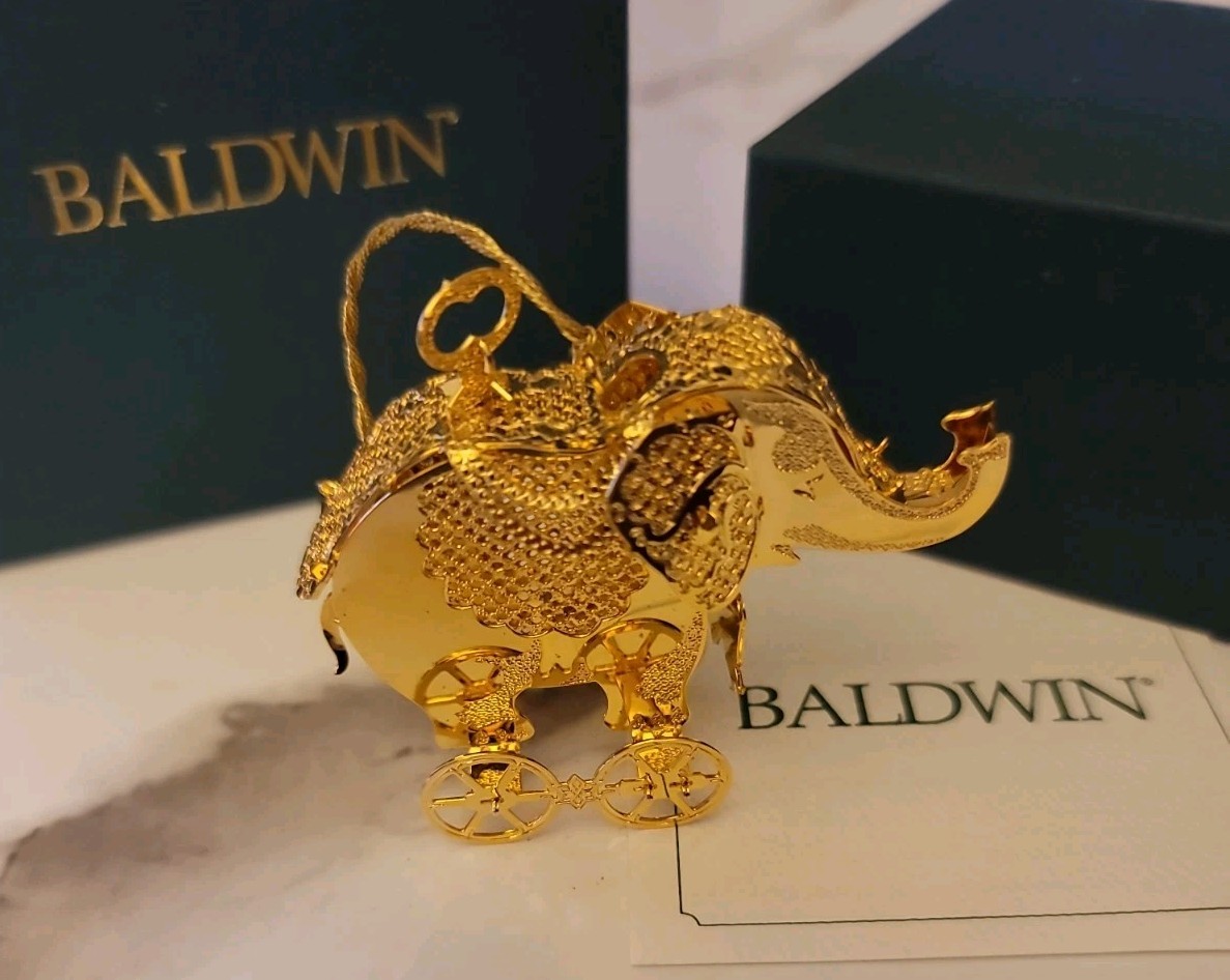 1998 BALDWIN ANTIQUE ELEPHANT 7168.010 24KT GOLD FINISH BRASS ORNAMENT TOY CHEST