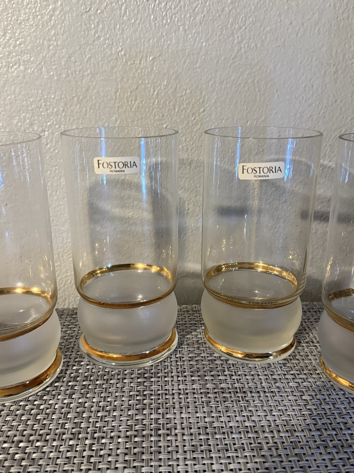 (4) Rare 1980s VTG Fostoria Kristina 19oz Highball Glasses Frosted Crystal Base