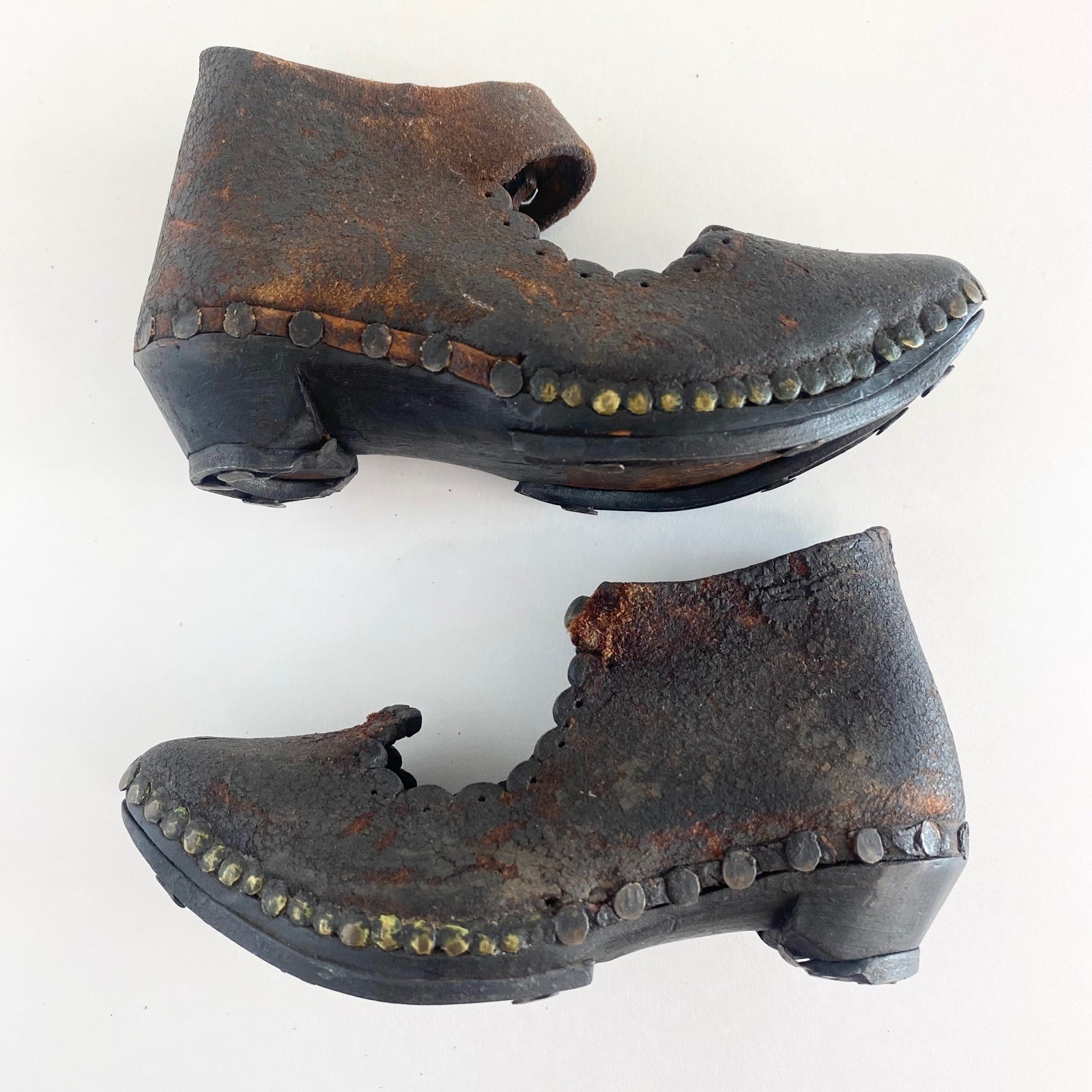 Vintage Antique Victorian Childrens Shoes Leather Wood Metal Clogs 19th Century