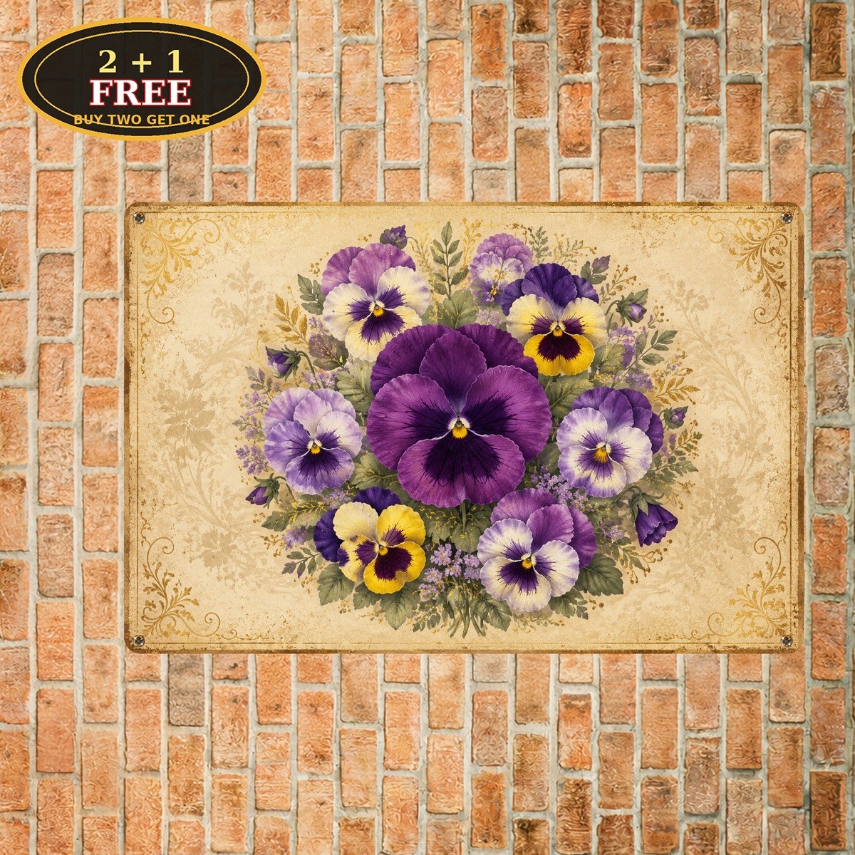 Lilac Purple Pansy Floral Pattern Golden Accent Art Metal Sign 8x12