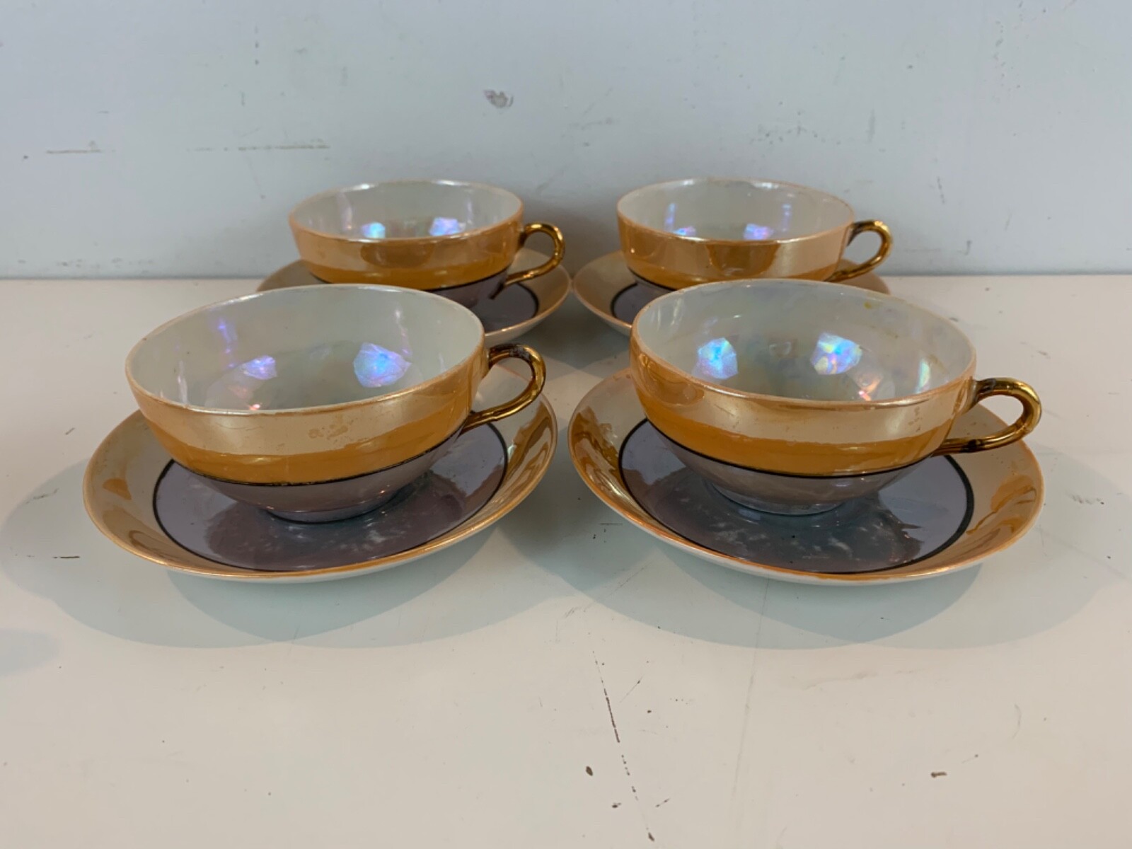 Antique Takito Japanese Porcelain Iridescent Grey & Gold Set of 4 Cups & Saucers