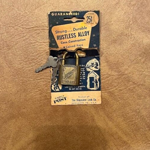 Vintage SLAYMAKER Rustless Padlock Lock w/ Keys on Card Advertising