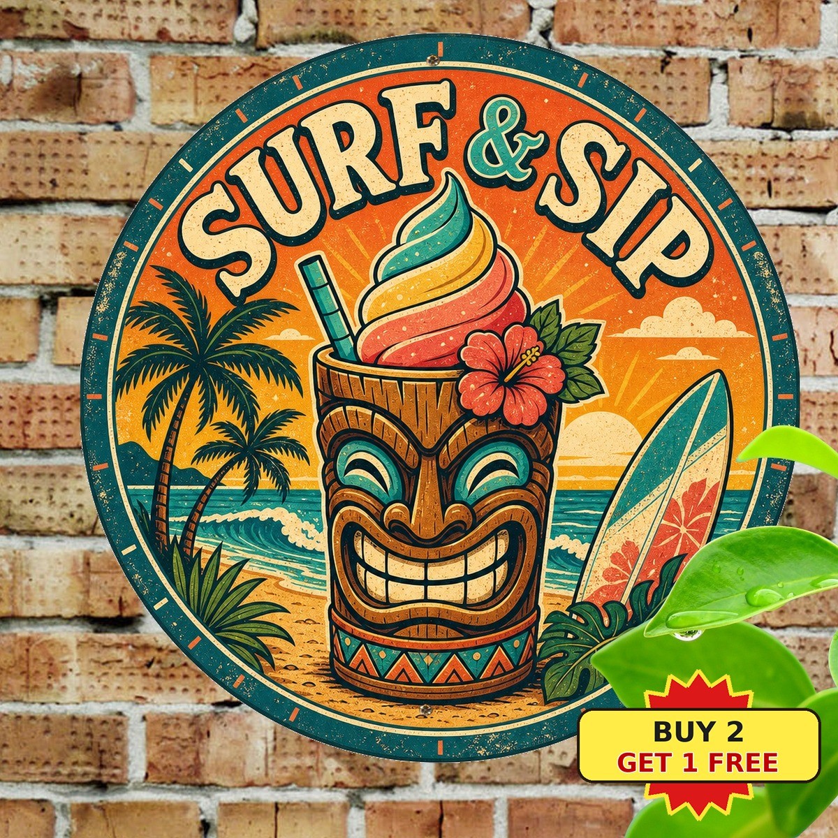 Tiki Bar Tropical Beach Surfboard Cartoon Round Tin Sign Summer Party Decor