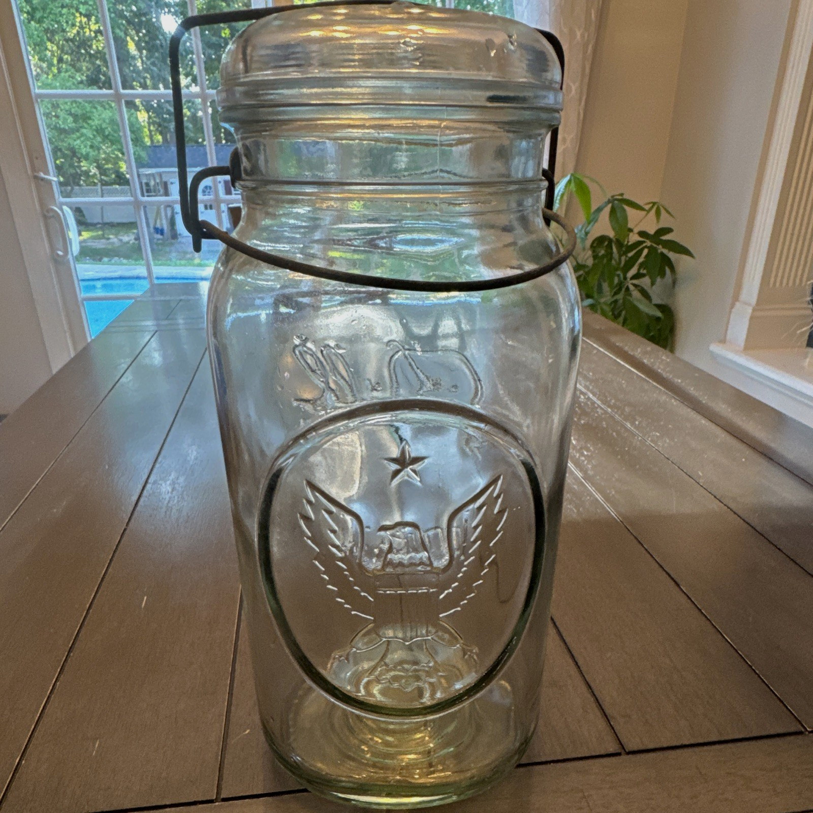Ball Clear Glass Jar w/ Wire Bail Lid & Handle, Embossed Eagle & Script Logo