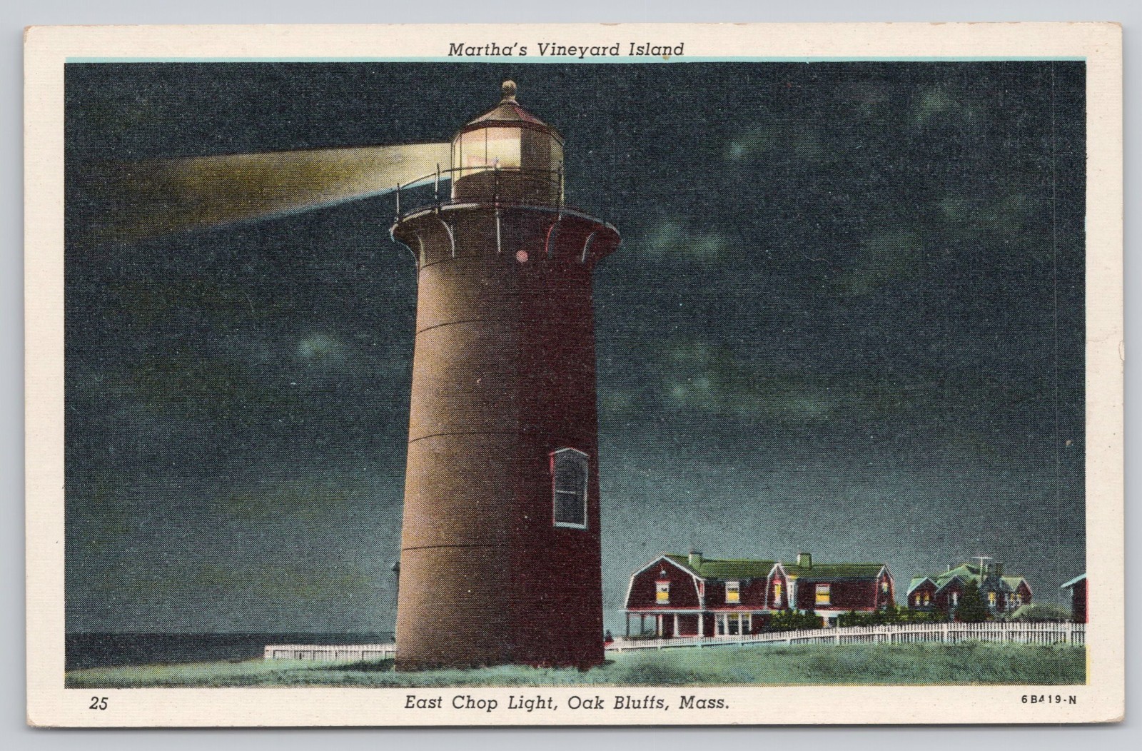 Martha\'s Vineyard Island East Chop Light Lighthouse Night Oak Bluffs MA Postcard
