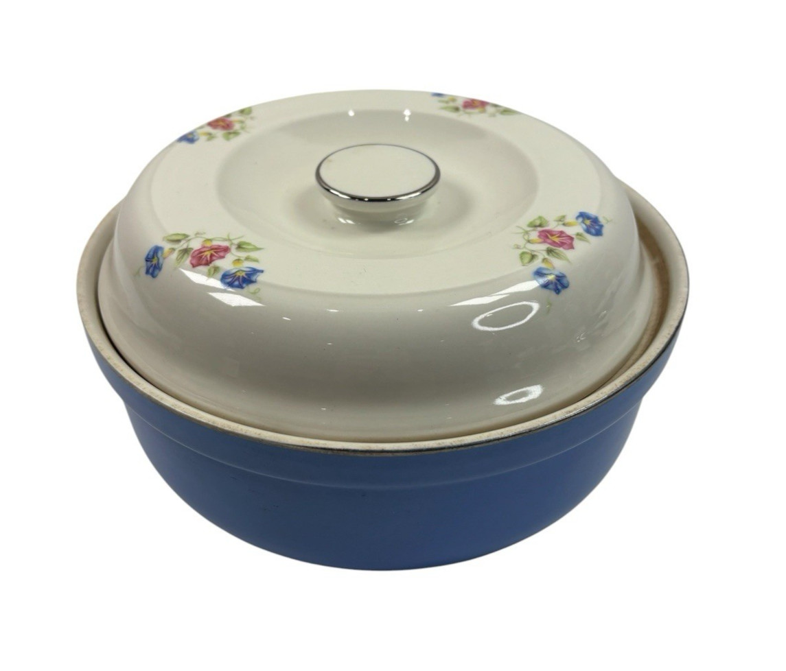 VINTAGE Hall\'s Cottage Blue Pink Floral Casserole Dish & Lid Silver Trim U.S.A.