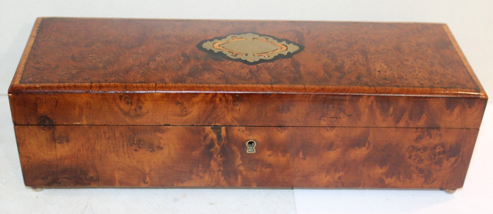 Antique Napoleon III French Thuya Burl Wood Glove Box Inlaid Brass Marquetry 13\