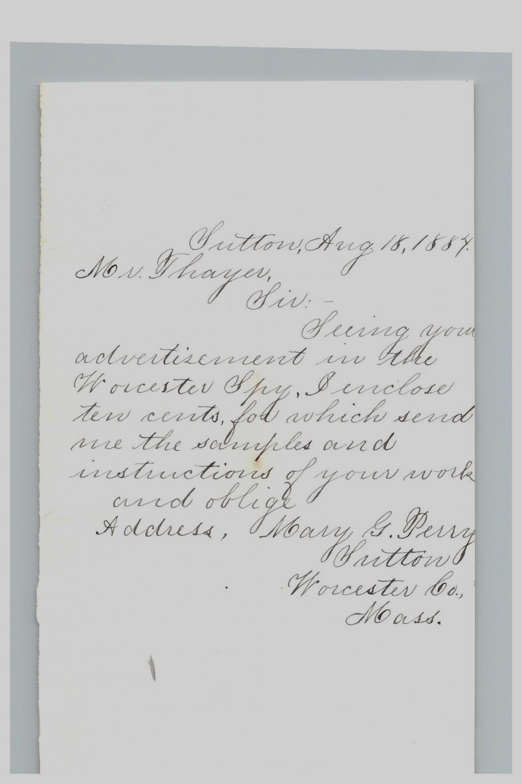 1884 Handwritten Letter Mary G Perry Sutton Massachusetts MA Worcester  History