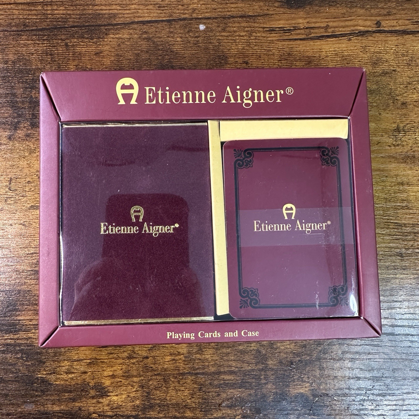 Vintage Etienne Aigner Burgundy Leather Playing Cards & Case Set Sealed NIB Gift