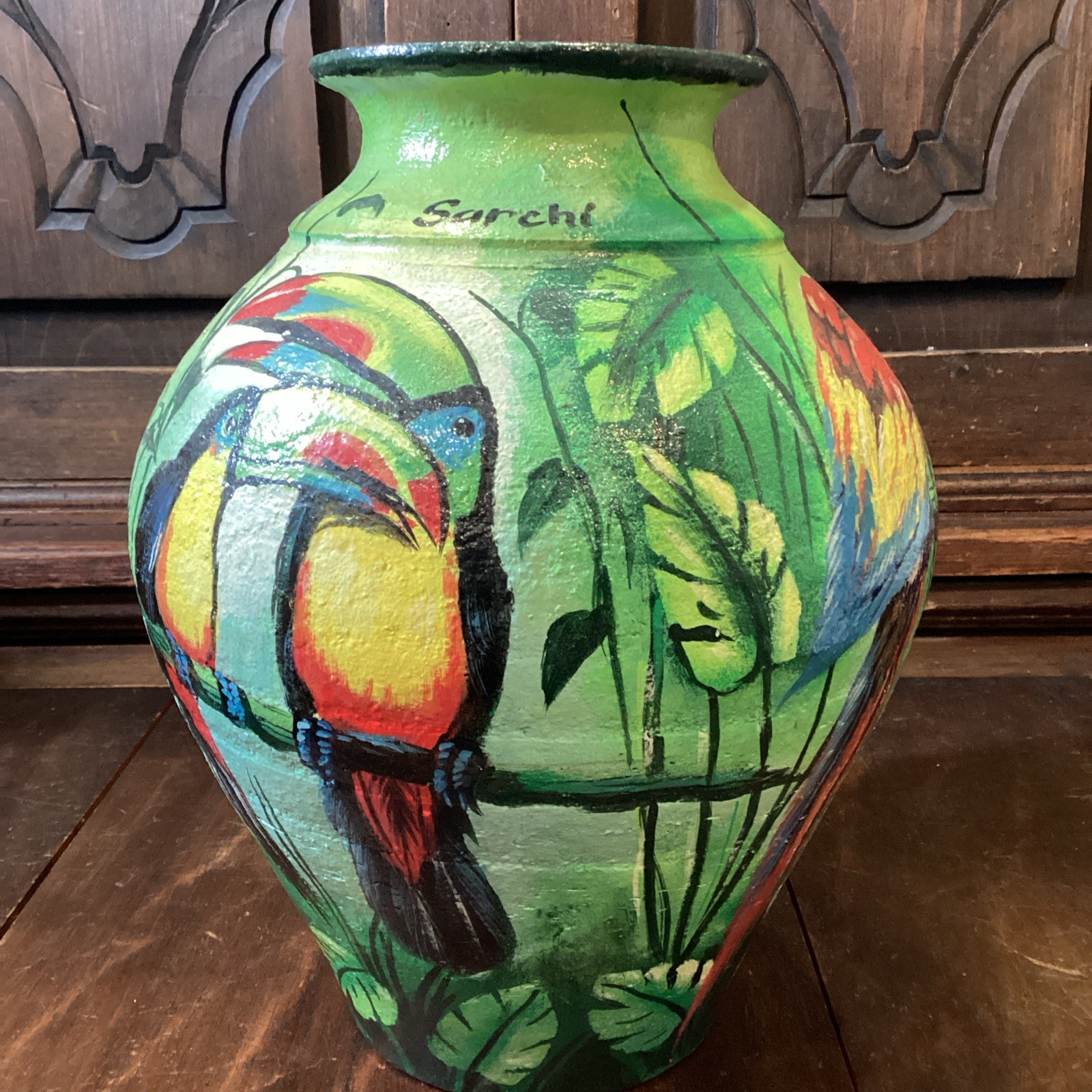 Hand Painted Exotic Tropical Birds On A Terra Cotta Vase From Sarchi Costa Rica