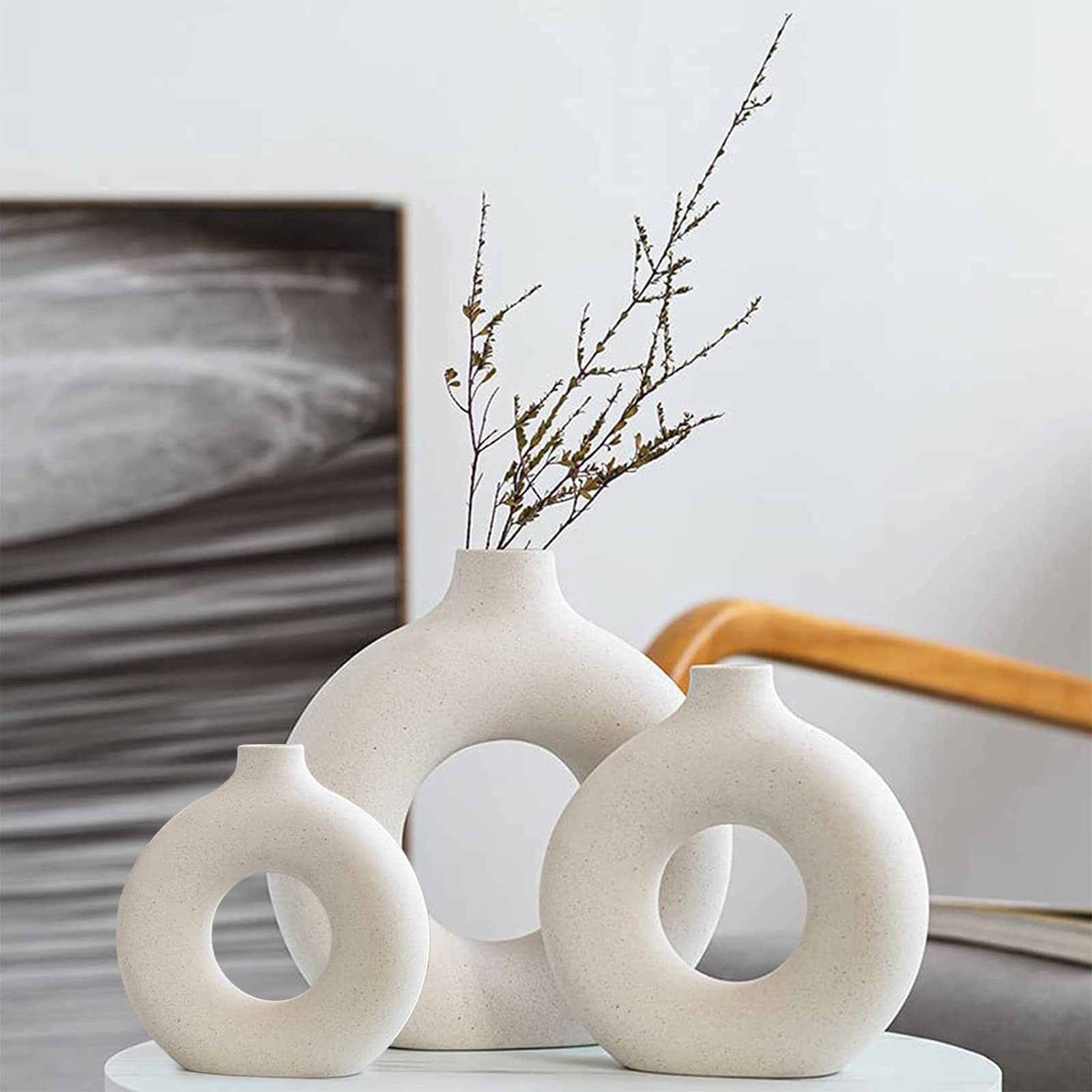 QLOFEI White Ceramic Vases Set of 3 Round Matte