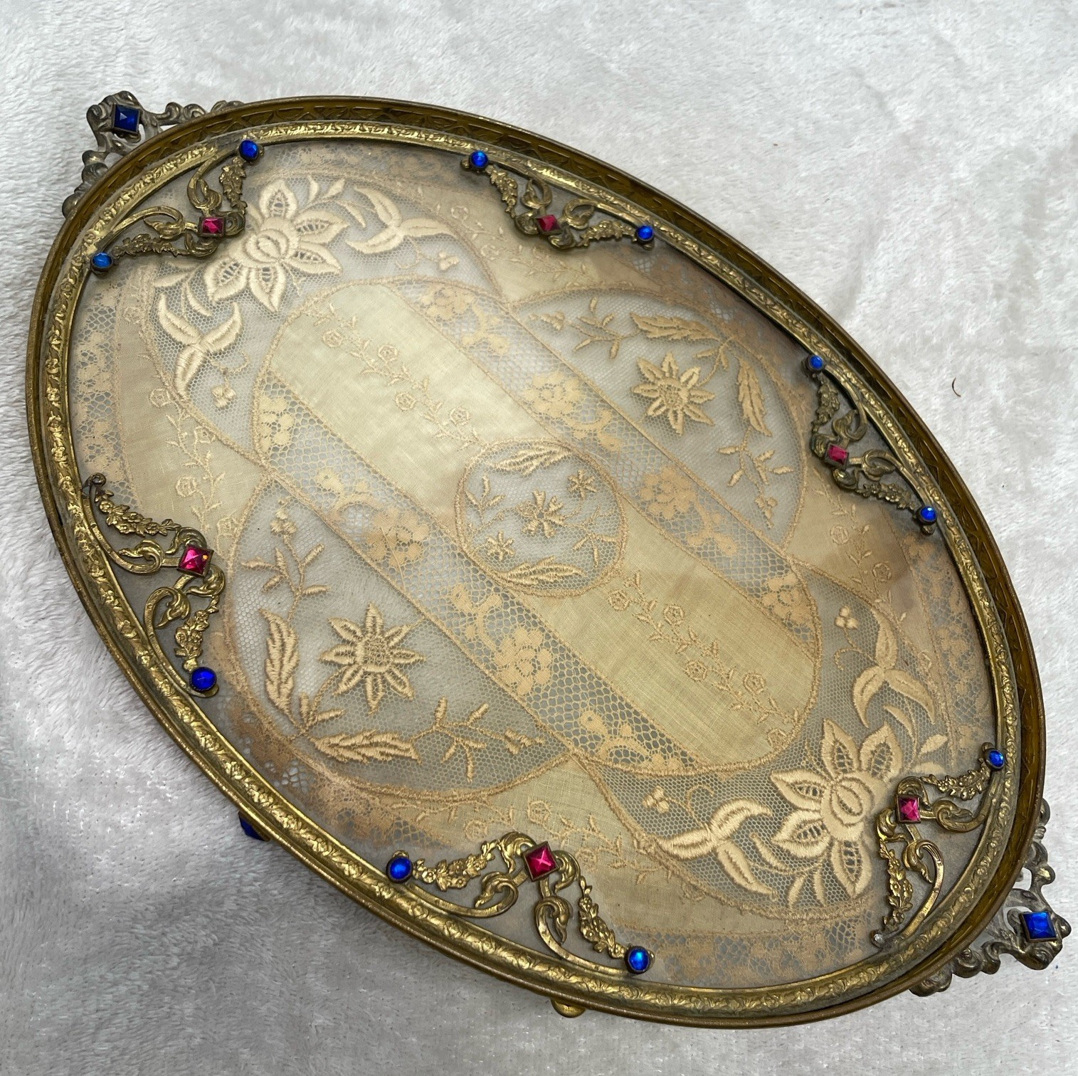 Antique Jeweled Vanity Tray Gold Lace Insert Glass Oval Handles Footed Apollo *