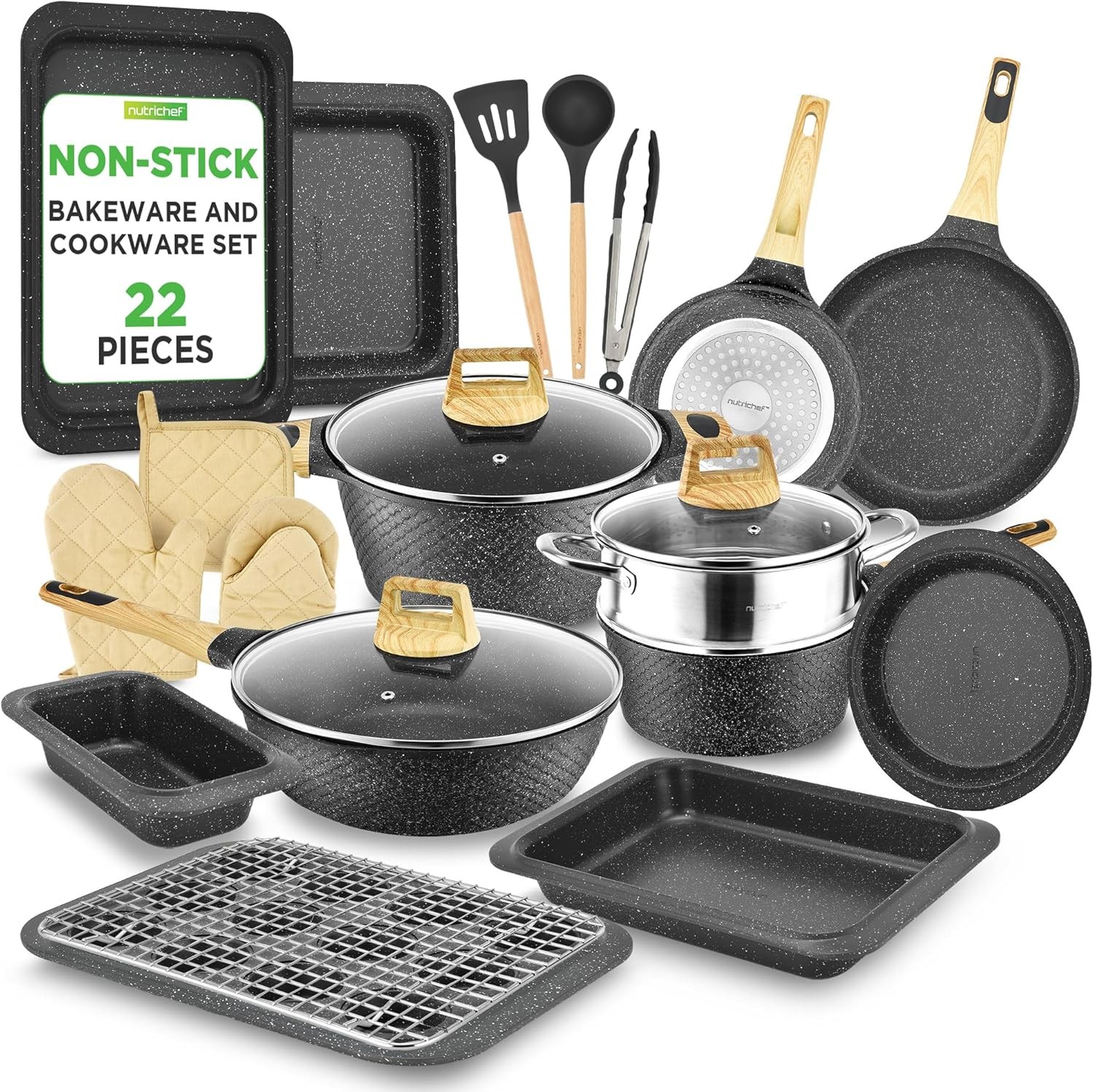 NutriChef NCCW22BLK 22-Piece Nonstick Ceramic Cookware Set - Black (Open Box)