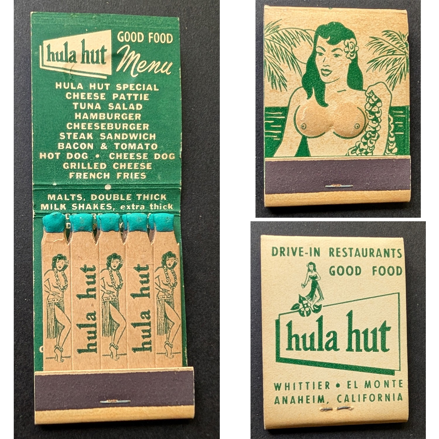 Girlie Feature Matchbook Hula Hut Drive-In Restaurant Whittier CA