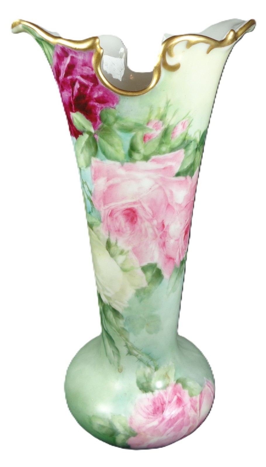 Antique PH Leonard Austria Vase Hand Painted Pink and Crimson Roses