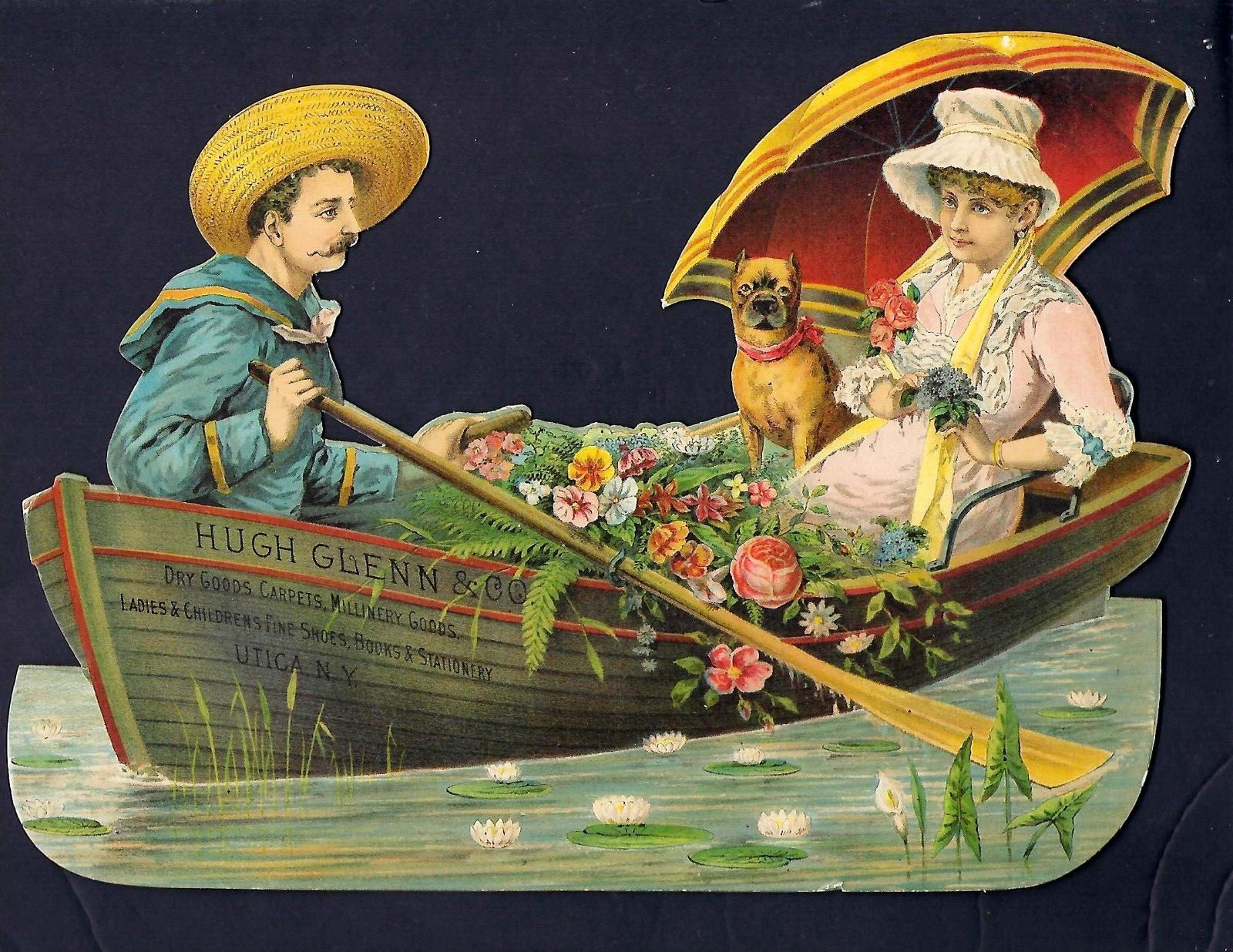 1890\'s Large Victorian Trade Card, Die-Cut,Hugh Glenn & Co, Lady/Man, Boat & Dog