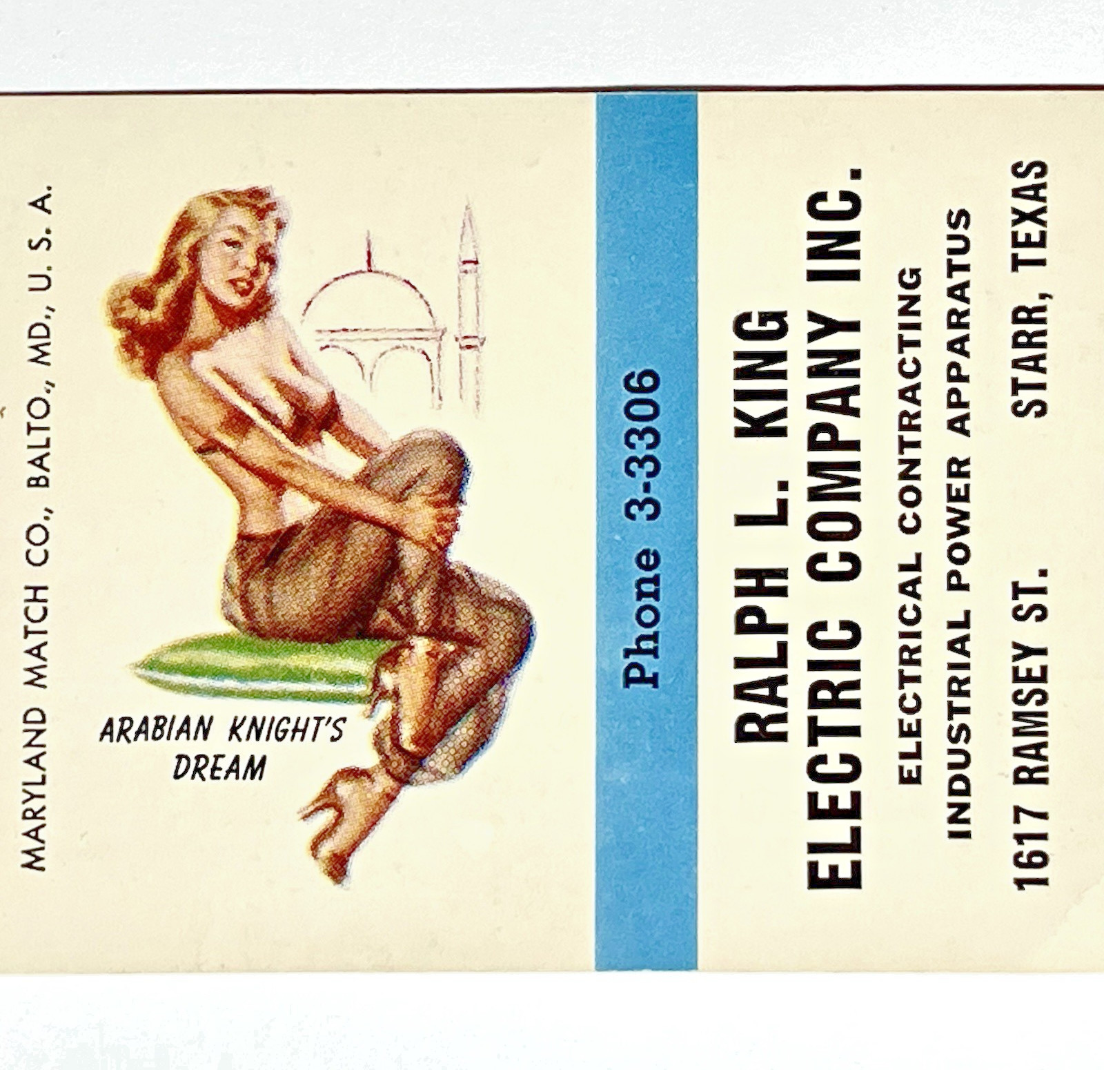 STARR, TEXAS 1940'S MARYLAND MATCH CO. PRICE LIST+PINUP RALPH KING ELECTRIC CO. STARR, TEXAS 1940'S MARYLAND MATCH CO. PRICE LIST+PINUP RALPH KING ELECTRIC CO.