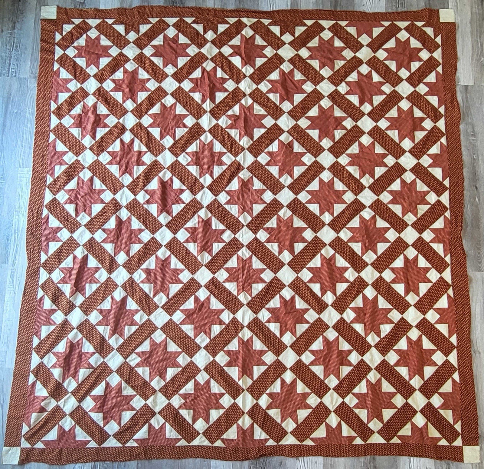 Antique 1800s Turkey Red White Ohio Lemoyne Star Patchwork Quilt Top Hand Stitch