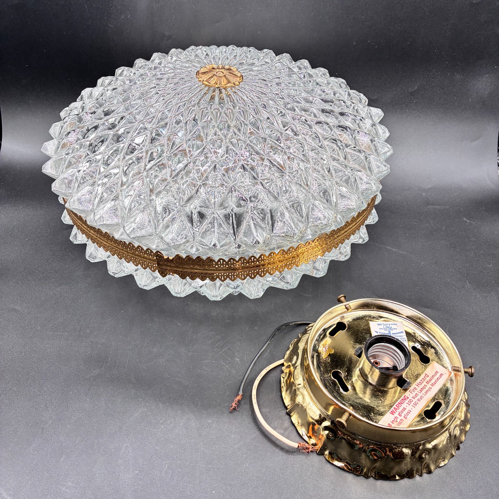 Vintage Hollywood Regency Large Diamond Glass Ceiling Light Globe 11” w/ Fixture