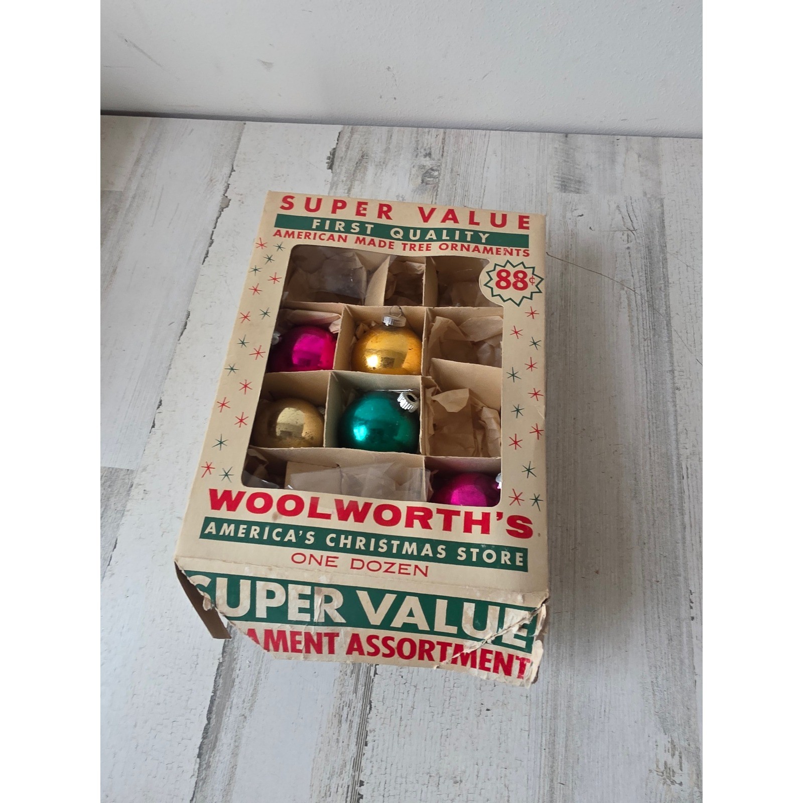 Vintage shiny Bright solid ball ornament set box Woolworth Xmas tree Pink green
