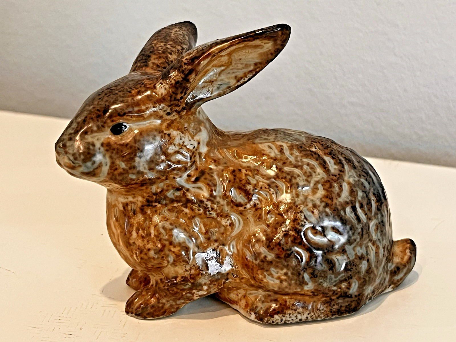 Pottery Stoneware Bunny Rabbit Figurine Mottled Brown Glazed Made in Japan Vtg
