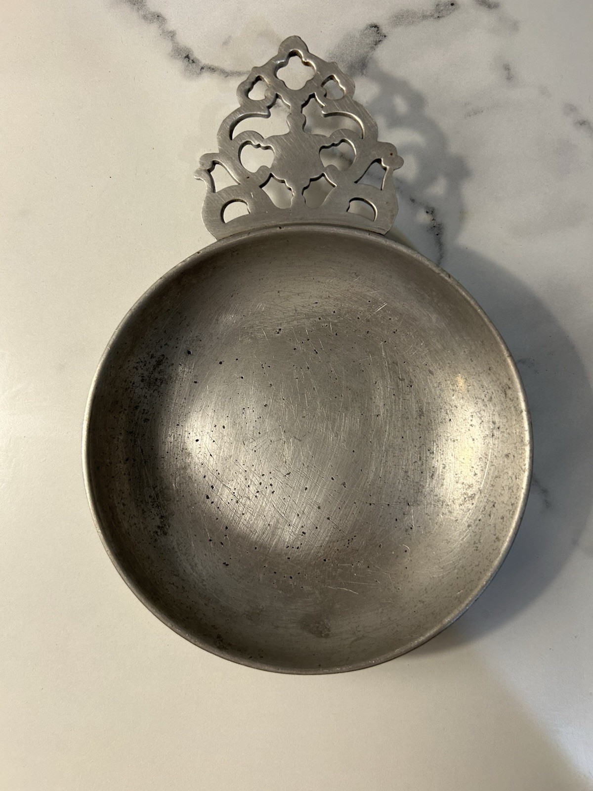Vintage Stede Pewter Porringer Bowl With Decorative Pierced Handle