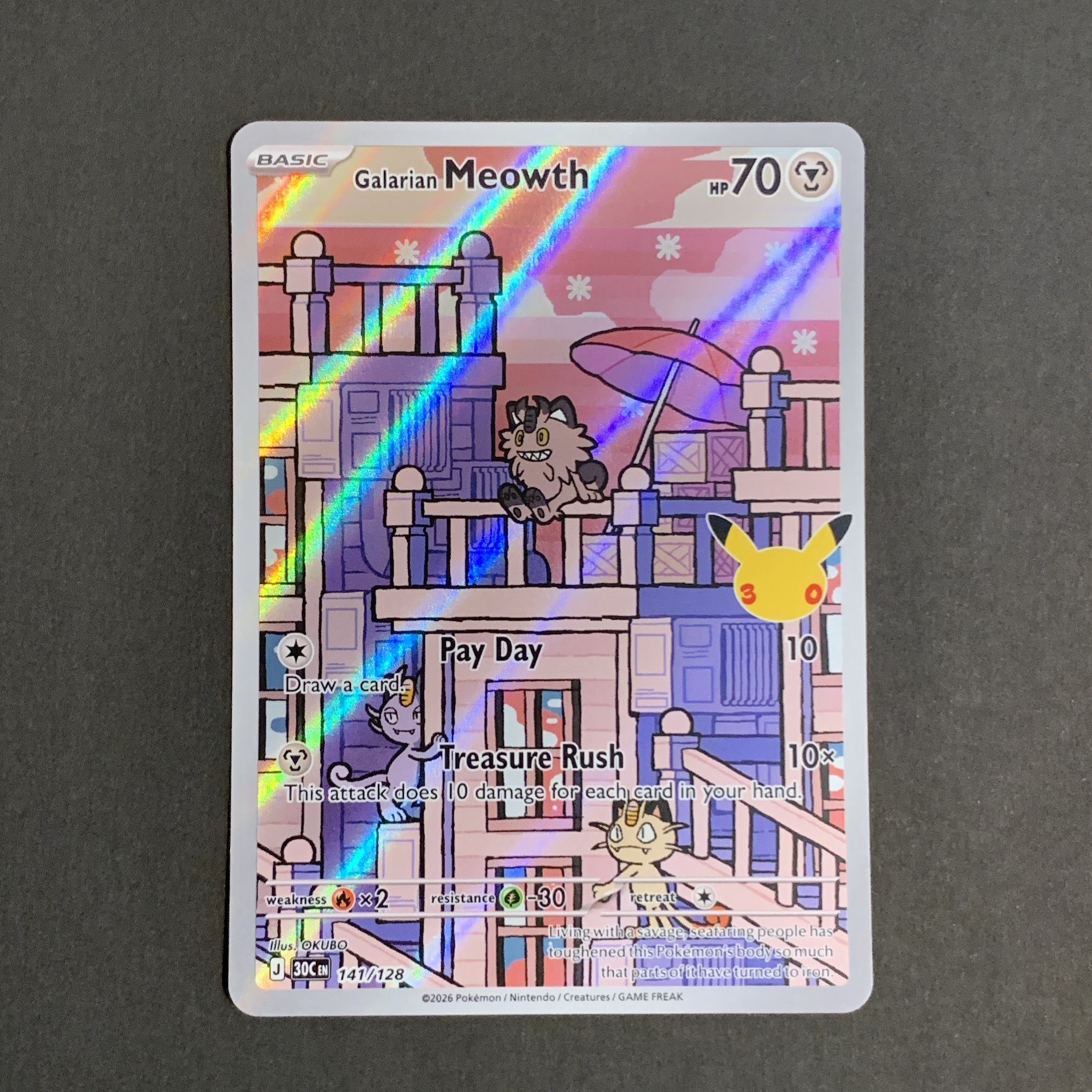 Pokémon Galarian Meowth 141/128 30th Anniversary Holo Illustration Rare